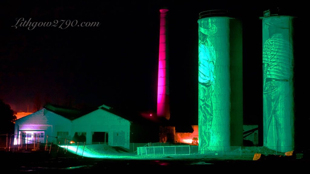 PORTLAND SILOS lit up for Lithglow - Photo by Lithgow2790.com